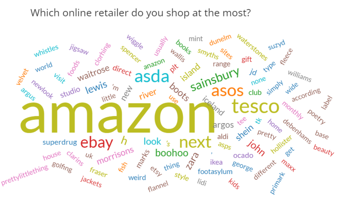 Word cloud showing Amazon as primary online retailer