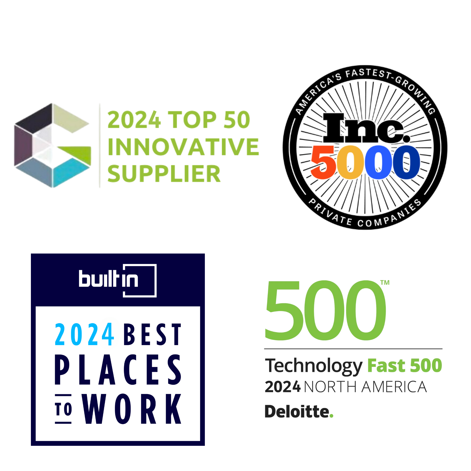 Four award logos for PureSpectrum: 2024 Top 50 Innovative Supplier, Inc. 5000 fastest-growing companies, Built In 2024 Best Places to Work, and Deloitte 2024 Technology Fast 500 North America.