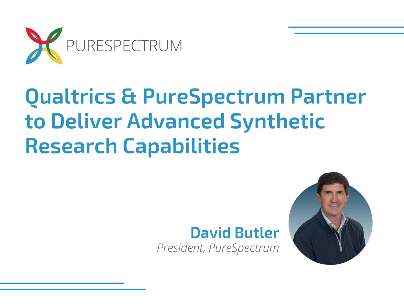 Partnership announcement graphic with PureSpectrum and Qualtrics featuring David Butler.