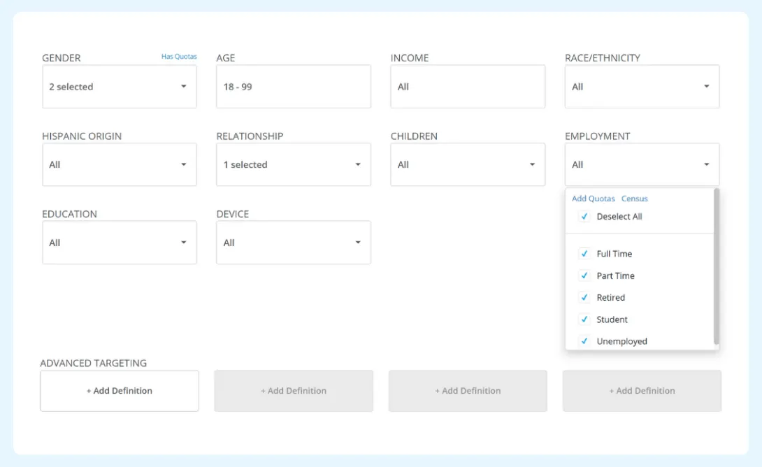 Set quotas, apply targeting filters, and choose suppliers